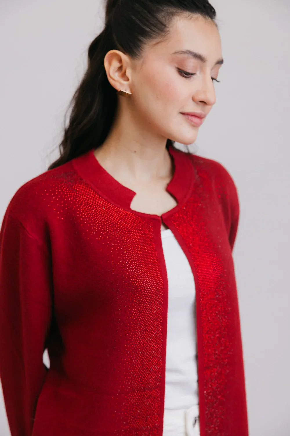 Full Sleeves Round Neck Cardigan Sweater Satin Fabric Silk Fabric Chiffon Fabric