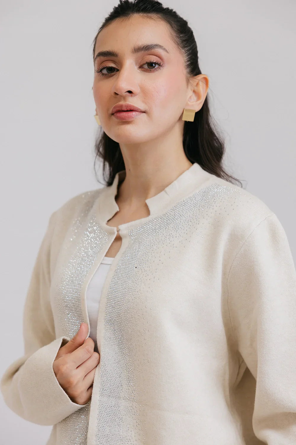Full Sleeves Round Neck Cardigan Sweater Mesh Fabric Canvas Fabric Denim Fabric