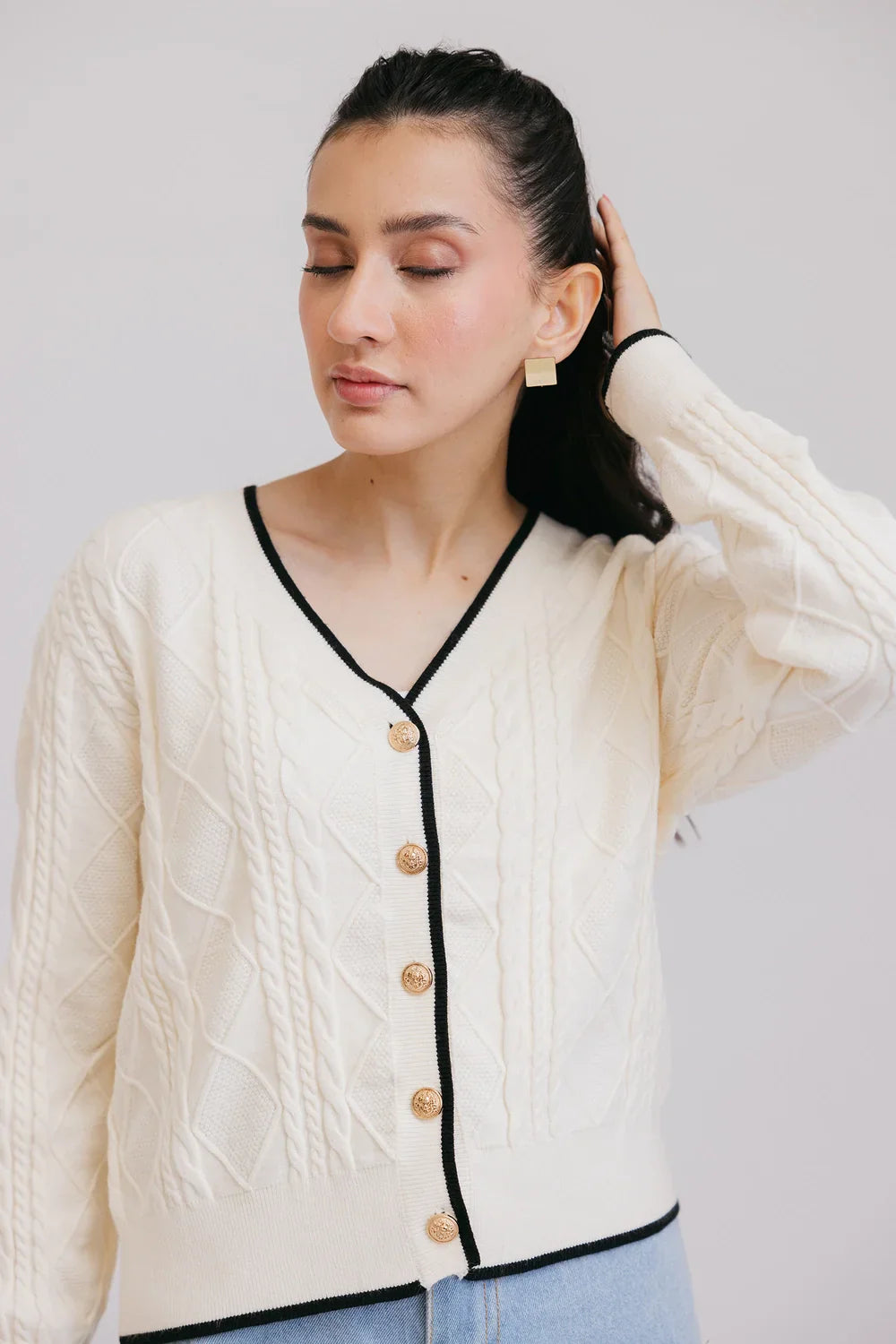 Full Sleeves V-Neck Cardigan Sweater Chenille Brocade Lace