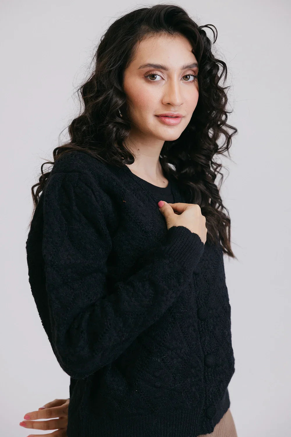 Full Sleeves V-Neck Cardigan Sweater Transparent Opaque Sheer