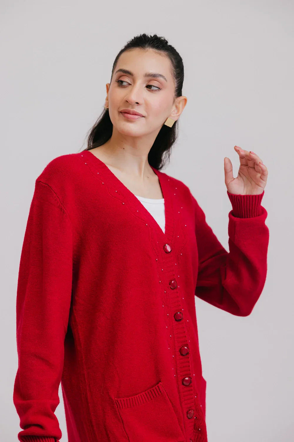 Full Sleeves V-Neck Cardigan Sweater Beaded Cardigan Sequined Faux Fur