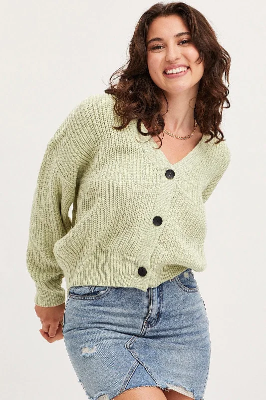 Green Knit Cardigan Long Sleeve Relaxed V-Neck Cotton Fabric Linen Fabric Terry Fabric