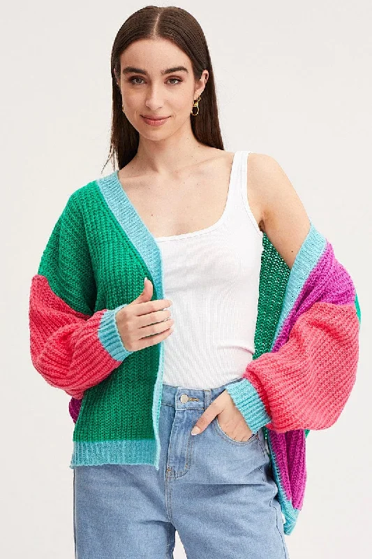 Multi Knit Cardigan Long Sleeve Relaxed Colour Block Stylish Fashionable Trendy