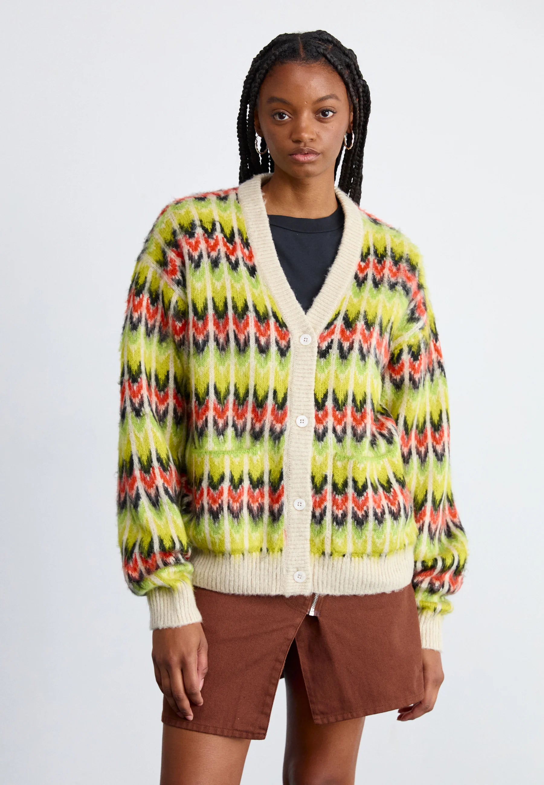 Obey Granny Cardigan - LIME MULTI Fitted Loose Oversized