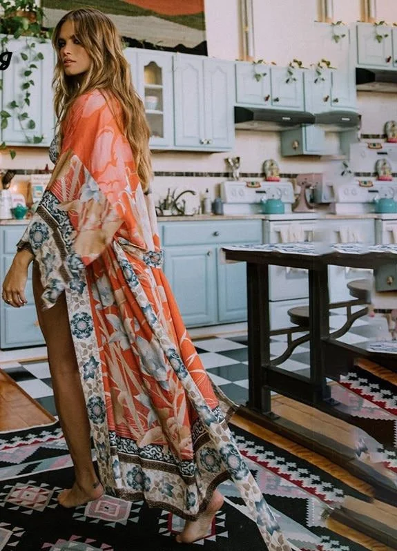 Orange Print Floral Kimono Loose Long One Size Cardigan Chenille Fabric Brocade Fabric Lace Fabric