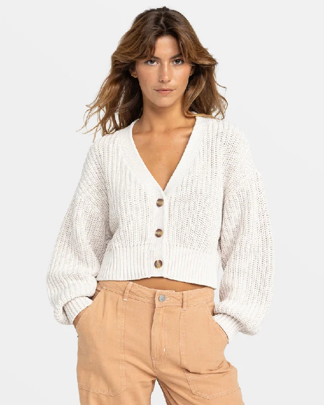 Roxy Sundaze Washed Cardigan - EGRET Hooded Caped Shawl Collar