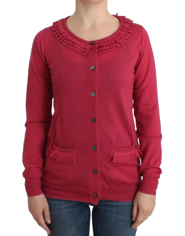 Ruffle Detail Wool Cardigan in Pink Ribbed Striped Patterned