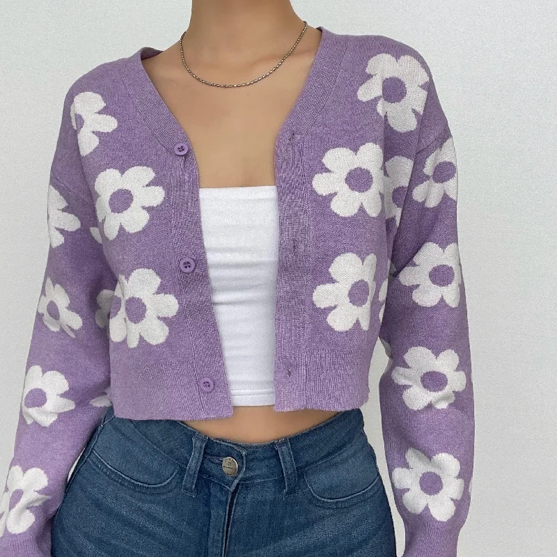 V neck flower pattern button knitted contrast long sleeve cardigan top Polka Dot Checkered Tartan