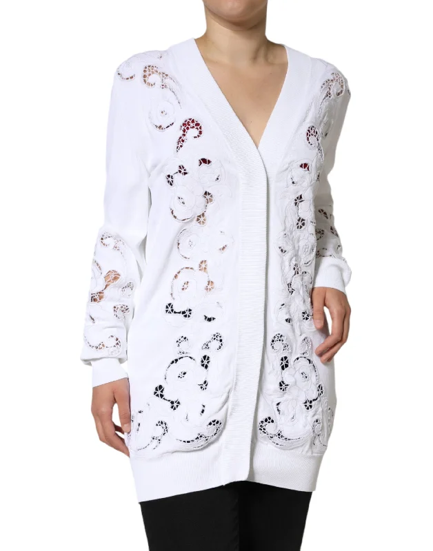 White Viscose Floral Cut Out Cardigan Sweater Chenille Fabric Brocade Fabric Lace Fabric White Viscose Floral Cut Out Cardigan Sweater Chenille Fabric Brocade Fabric Lace Fabric