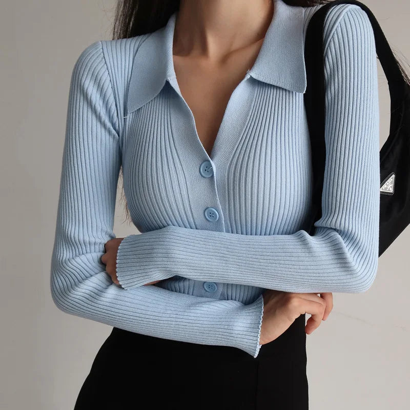 Women 2023 New Lapel Slim Slimming Tops Ladies Hollow Buttons Sexy V Neck Long Sleeve POLO Neck Knit Cardigan Sweater Women Cardigan Knitwear Sweater Women 2023 New Lapel Slim Slimming Tops Ladies Hollow Buttons Sexy V Neck Long Sleeve POLO Neck Knit Cardigan Sweater Women Cardigan Knitwear Sweater
